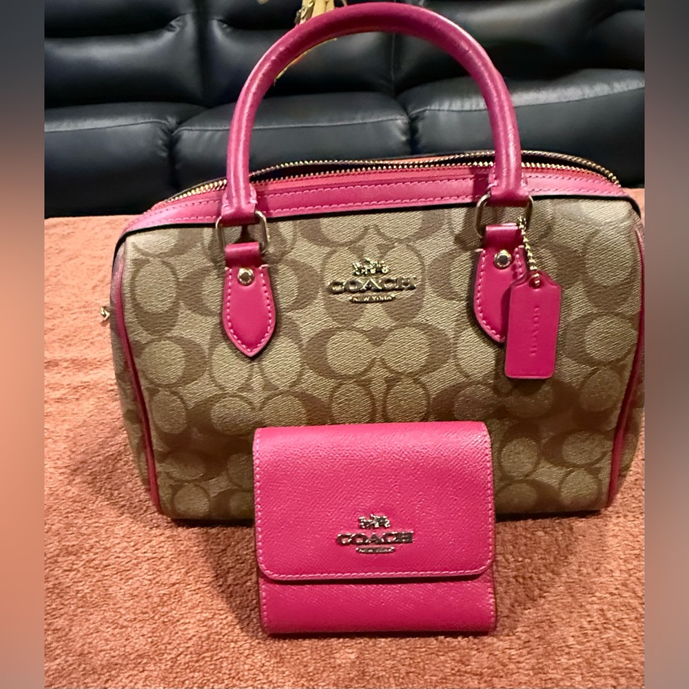 Authentic small coach signature satchel with small trifold wallet, new
